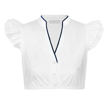 Laden Sie das Bild in den Galerie-Viewer, Dirndlbluse Clara mit V-Ausschnitt, doppeltem Flügelarm und blauer Paspel - Waldorff