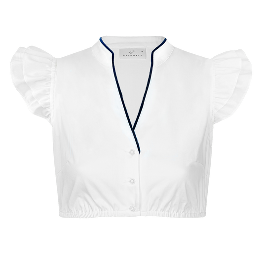 Dirndlbluse Clara mit V-Ausschnitt, doppeltem Flügelarm und blauer Paspel - Waldorff