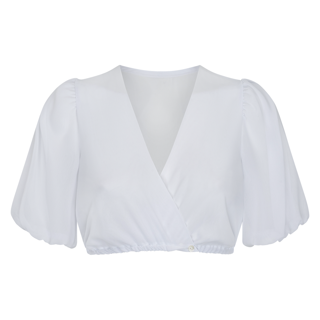 Dirndlbluse Lejla - Wickelbluse aus Chiffon mit kleinen Rüschen am Ärmelsaum