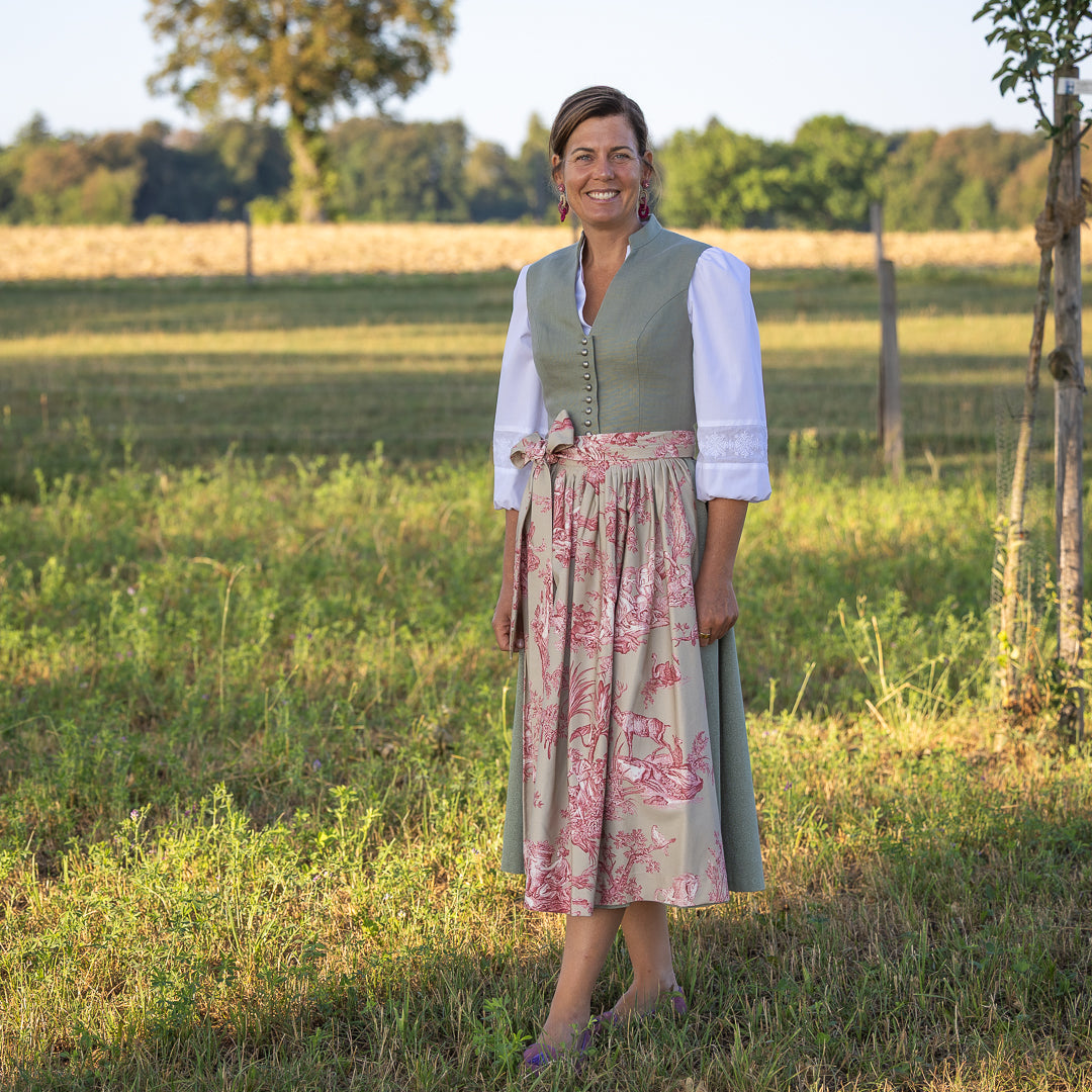 Dirndl Sophie Leinen Mieder Salbei mit Toile De Jouy Dirndlschürze Huberta