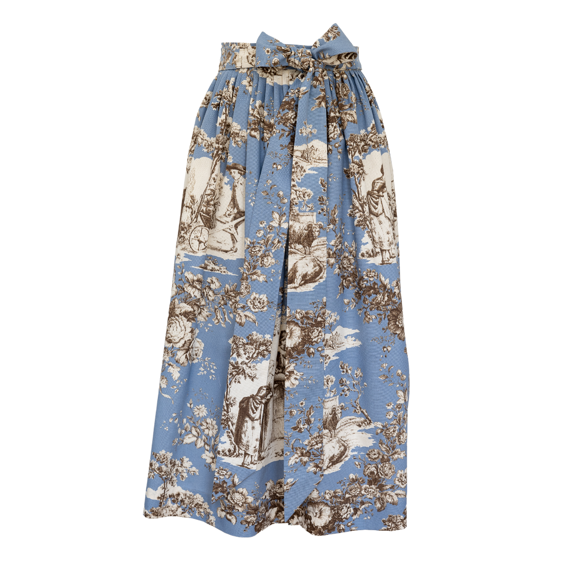 Dirndlschürze Antonia in Rauchblau mit sepiabraunem Toile de Jouy Landleben-Muster und großer Schleife