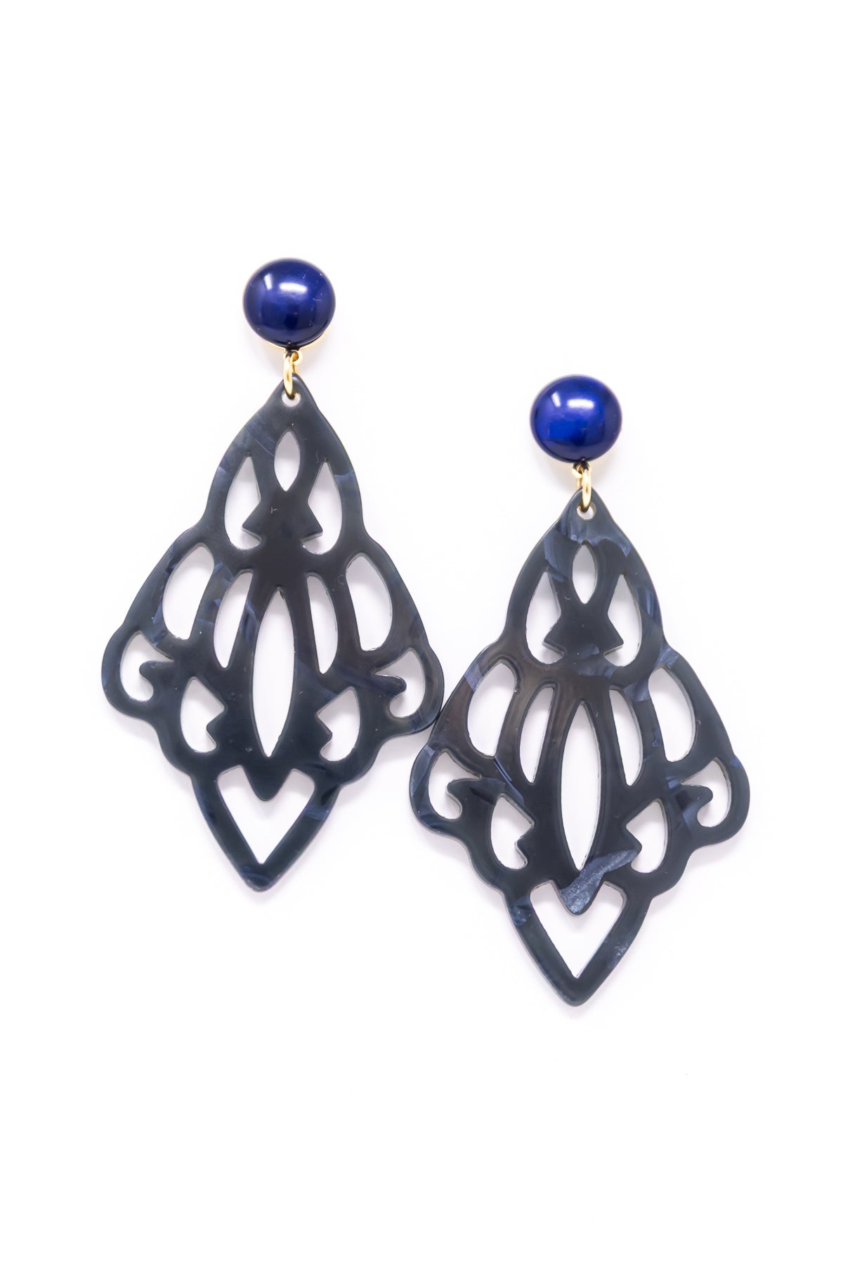 Clara Ornament-Ohrringe in Blau-Grau mit dunkelblauem Cabochon