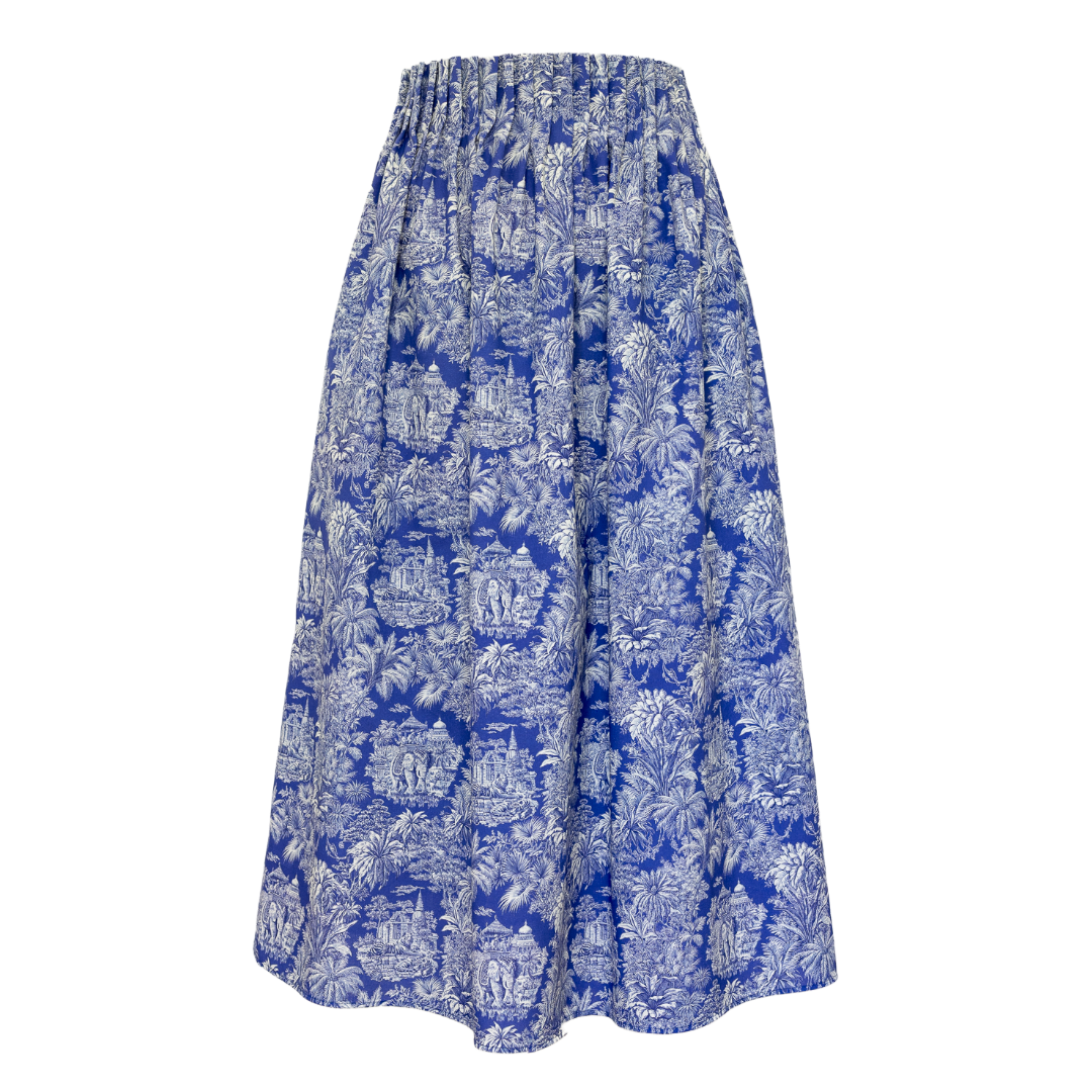 Trachtenrock Florentine in Toile de Jouy blau mit exotischem Palmen- und Elefanten-Print, Frontalansich
