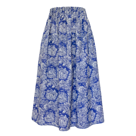 Trachtenrock Florentine in Toile de Jouy blau mit exotischem Palmen- und Elefanten-Print, Frontalansich